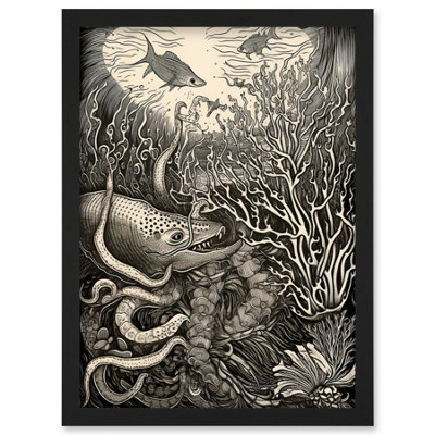 Artery8 Aquatic Animals And Plants Linocut Illustration Wall Art PrintA4 Size from B&Q