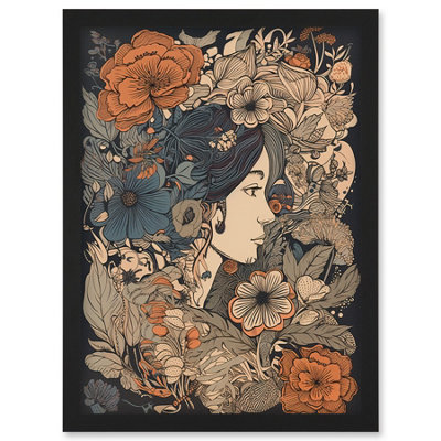 B&Q -  Woman Floral Profile Portrait Boho Art Nouveau Wall Art PrintA4 Size