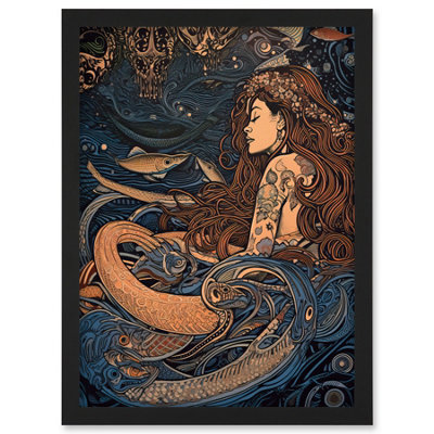 B&Q -  Little Mermaid And Aquatic Animals Illustration Wall Art PrintA4 Size