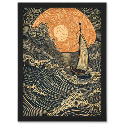 Artery8 Boat Sailing Into The Sunset Linocut Illustration Wall Art Print - A4 Size