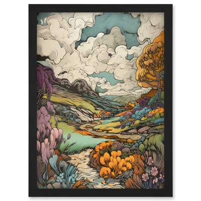 Artery8 Meadow River Multicoloured Landscape Illustration Wall Art PrintA4 Size from B&Q