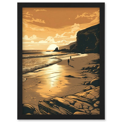 Artery8 Couple Walking On The Beach At Sunset Illustration Wall Art PrintA4 Size from B&Q