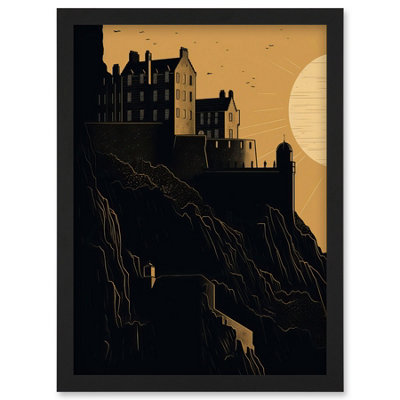 Artery8 Edinburgh Castle At Sunset Linocut Illustration Wall Art PrintA4 Size from B&Q
