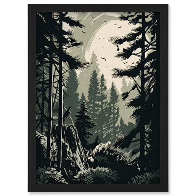 B&Q -  Pine Tree Forest Sunrise Landscape Illustration Wall Art PrintA4 Size