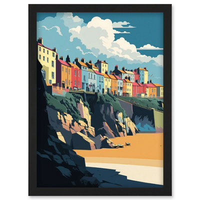 B&Q -  Tenby Harbour Beach Coastal Town Illustration Wall Art PrintA4 Size
