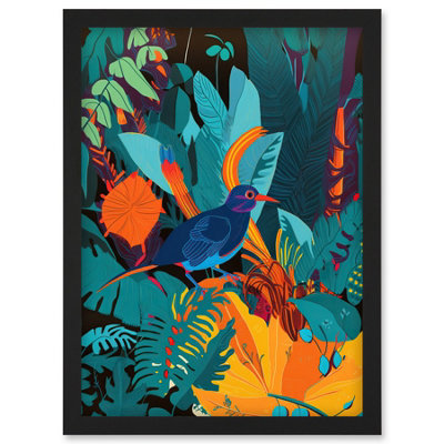 Artery8 Bird In Tropical Forest Vibrant Illustration Wall Art PrintA4 Size