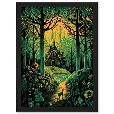 B&Q -  Cabin Hut In The Forest Green And Orange Linocut Wall Art PrintA4 Size