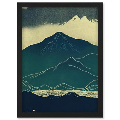 Artery8 Scottish Highlands Lake Mountains Blue Linocut Wall Art PrintA4 Size from B&Q