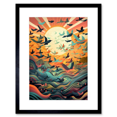 Artery8 Wall Art Print Flock Of Birds Flying At Sunrise Modern Folk Artwork Framed 9X7 Inch from B&Q