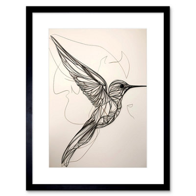 B&Q -  Wall Art Print Humming Bird In Flight Line Drawing Portrait Artwork Framed 9X7 Inch