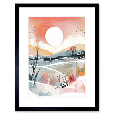 Artery8 Wall Art Print Sunset In Winter Landscape Boho Modern Folk Artwork Framed 9X7 Inch from B&Q