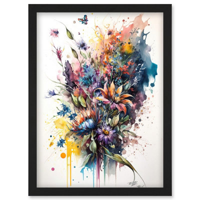Artery8 Flower Bouquet Illustration Over Watercolour Splat Wall Art PrintA4 Size from B&Q