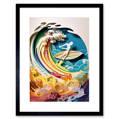 Artery8 Wall Art Print Rainbow Kirigami Surfer Surfing Coastal Landscape Artwork Framed 9X7 Inch from B&Q