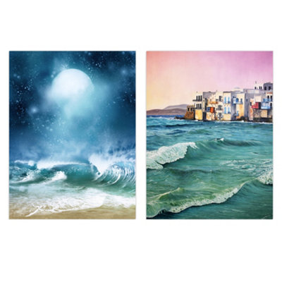 B&Q -  Wall Art Print Set Of 2 Sea Shore Waves Seaside Coastal Town Landscape Oil Painting Wall Art
