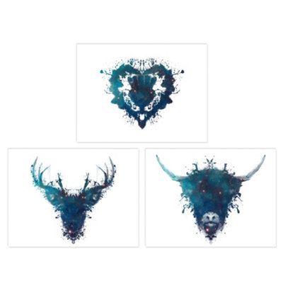 Wee Blue Coo Wall Art Print Set Of 3 Ink Splat Thistle Heart Flower Hairy Coo Cow And Stag Celestial Space Scottish Painting from B&Q