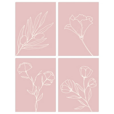 Wee Blue Coo Wall Art Print Set Of 4 Minimalist Wildflower Outline Cream On Pastel Pink Simple Floral Wall Art from B&Q