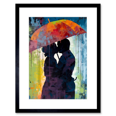 Artery8 Wall Art Print Silhouette Of A Couple Kissing Under An Umbrella Artwork Framed 9X7 Inch from B&Q