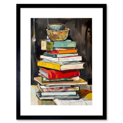 Artery8 Wall Art Print A Stack Of Recipe Cookbooks With Bowls On Top Artwork Framed 9X7 Inch from B&Q