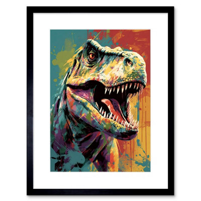 Artery8 Wall Art Print Roaring T-Rex Multicoloured Dinosaur Portrait Artwork Framed 9X7 Inch from B&Q
