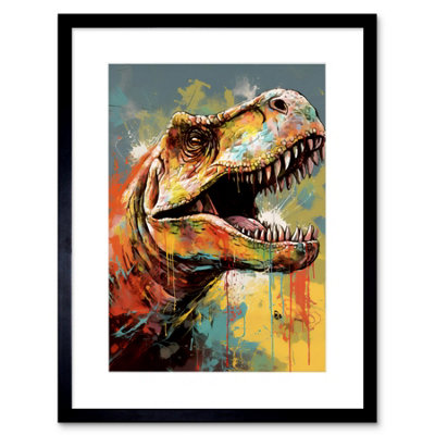 Artery8 Wall Art Print T-Rex Roaring Dinosaur Multicoloured Portrait Artwork Framed 9X7 Inch from B&Q