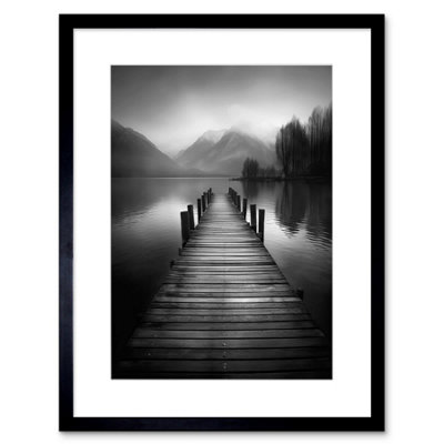 B&Q -  Wall Art Print Lake Pier Mountain Landscape Black And White Photo Artwork Framed 9X7 Inch