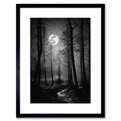 B&Q -  Wall Art Print Full Moon Over Misty Forest Black And White Photo Artwork Framed 9X7 Inch