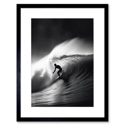 Artery8 Wall Art Print Surfer Riding A Big Wave Black And White Photo Artwork Framed 9X7 Inch from B&Q