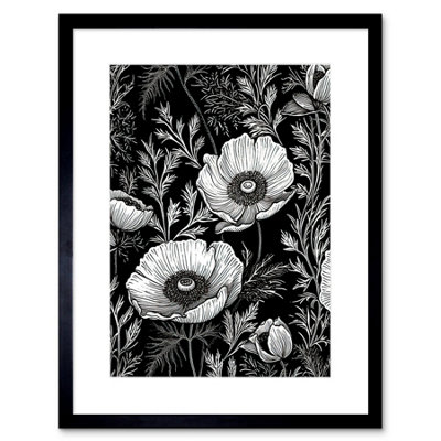 Artery8 Wall Art Print Poppy Wild Flower Pattern Black And White Linocut Artwork Framed 9X7 Inch from B&Q
