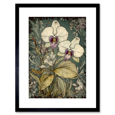 Artery8 Wall Art Print William Morris Style White And Purple Orchid Artwork Framed 9X7 Inch