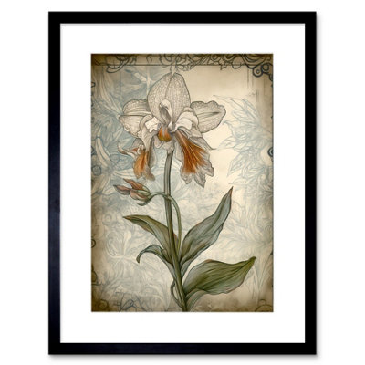 Artery8 Wall Art Print Single Orchid Flower Pastel Colour Art Nouveau Artwork Framed 9X7 Inch from B&Q