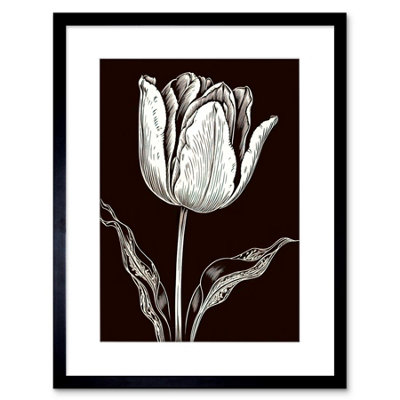 Artery8 Wall Art Print Tulip Flower Black And White Contour Folk Artwork Framed 9X7 Inch from B&Q