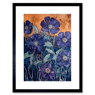 Artery8 Wall Art Print Anemone Flower Blue And Amber Watercolour Painting Artwork Framed 9X7 Inch from B&Q