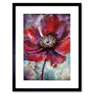 Artery8 Wall Art Print Red Anemone Flower Bloom Watercolour Artwork Framed 9X7 Inch from B&Q