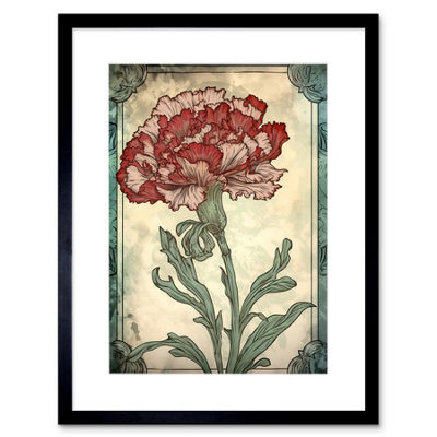B&Q -  Wall Art Print Red Carnation Flower Bloom Watercolour Art Nouveau Artwork Framed 9X7 Inch