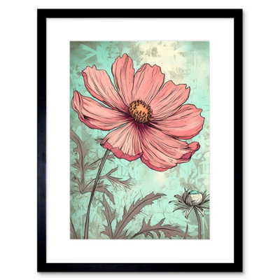 Artery8 Wall Art Print Cosmos Flower Bloom Soft Pink And Teal Watercolour Artwork Framed 9X7 Inch from B&Q