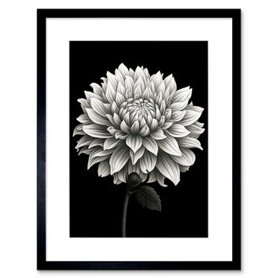 Artery8 Wall Art Print Dahlia Flower Bloom White On Black Artwork Framed 9X7 Inch from B&Q