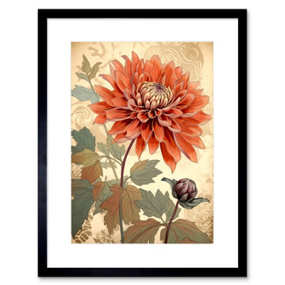 Artery8 Wall Art Print Pastel Colour Orange Dahlia Flower With Patterns Artwork Framed 9X7 Inch from B&Q