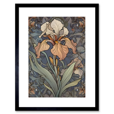 Artery8 Wall Art Print Art Nouveau Style Iris Bloom Flower Watercolour Artwork Framed 9X7 Inch from B&Q