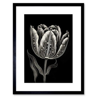 Artery8 Wall Art Print Tulip Flower White On Black Blind Contour Folk Artwork Framed 9X7 Inch from B&Q