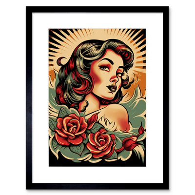 Artery8 Wall Art Print Pin Up Girl Roses Retro Tattoo Ink Body Art Rockabilly Americana 50S Artwork Framed 9X7 Inch from B&Q