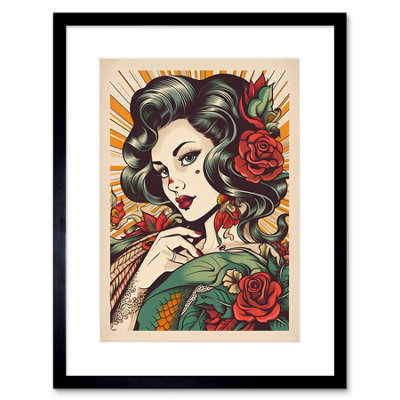Artery8 Wall Art Print Tattoo Pin Up Girl Roses Rockabilly Americana 50S Artwork Framed 9X7 Inch from B&Q
