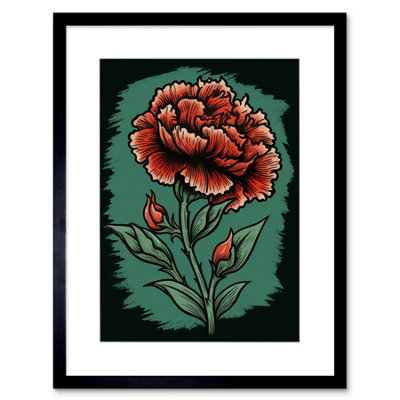 Artery8 Wall Art Print Carnation Flower Old School Tattoo Ink Body Art Rockabilly Americana 50S Artwork Framed 9X7 Inch from B&Q