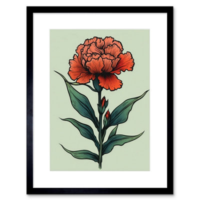 Artery8 Wall Art Print Carnation Old School Flower Tattoo Ink Body Art Rockabilly Americana 50S Artwork Framed 9X7 Inch from B&Q