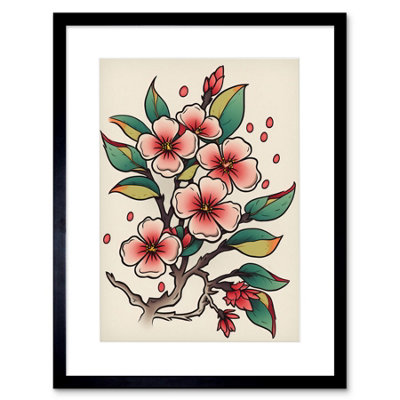 Artery8 Wall Art Print Cherry Blossom Branch Flowers Tattoo Ink Body Art Rockabilly Americana 50S Artwork Framed 9X7 Inch from B&Q