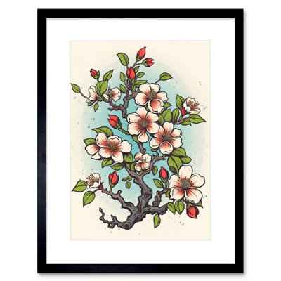Artery8 Wall Art Print Cherry Blossom Branch Bright Tattoo Ink Body Art Rockabilly Americana 50S Artwork Framed 9X7 Inch from B&Q
