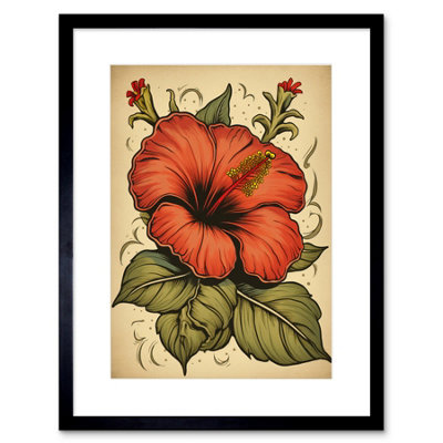 Artery8 Wall Art Print Old School Usa Tattoo Ink Body Art Red Hibiscus Rockabilly Americana 50S Artwork Framed 9X7 Inch from B&Q