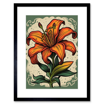 Artery8 Wall Art Print Old School Usa Tattoo Ink Body Art Orange Lily Rockabilly Americana 50S Artwork Framed 9X7 Inch from B&Q