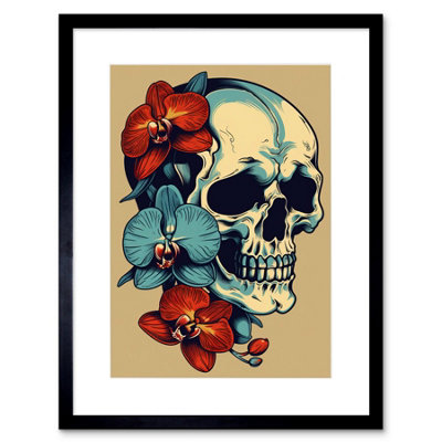 Artery8 Wall Art Print Skull Orchid Flower Blooms Tattoo Ink Body Art Rockabilly Americana 50S Artwork Framed 9X7 Inch from B&Q