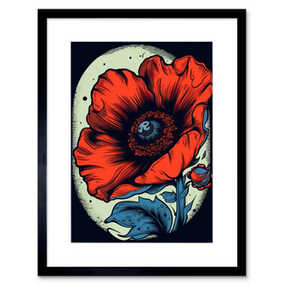 B&Q -  Wall Art Print Poppy Flower Old School Usa Tattoo Ink Body Art Rockabilly Americana 50S Artwork Framed 9X7 Inch