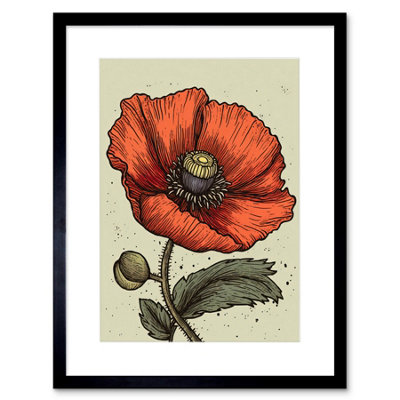 B&Q -  Wall Art Print A Single Poppy Old School Usa Tattoo Ink Body Art Rockabilly Americana 50S Artwork Framed 9X7 Inch